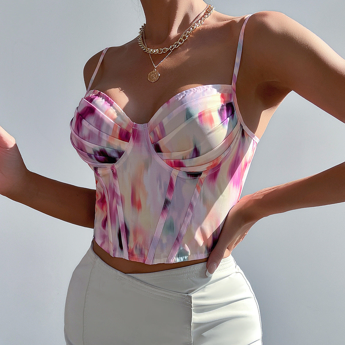 Sexy Low Cut Deep V Plunge Sexy Pleated Suspender Steel Ring Boning Corset Slim Fit Tank Top Top