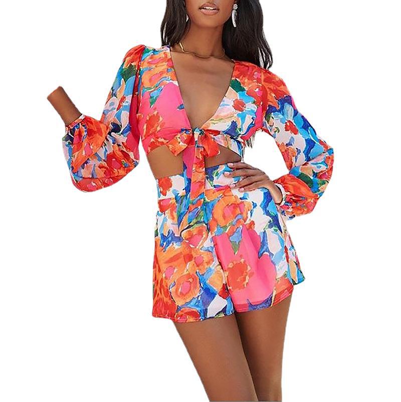 Autumn Printed V-neck Puff Sleeve Long Sleeve Lace-up Casual Set Women