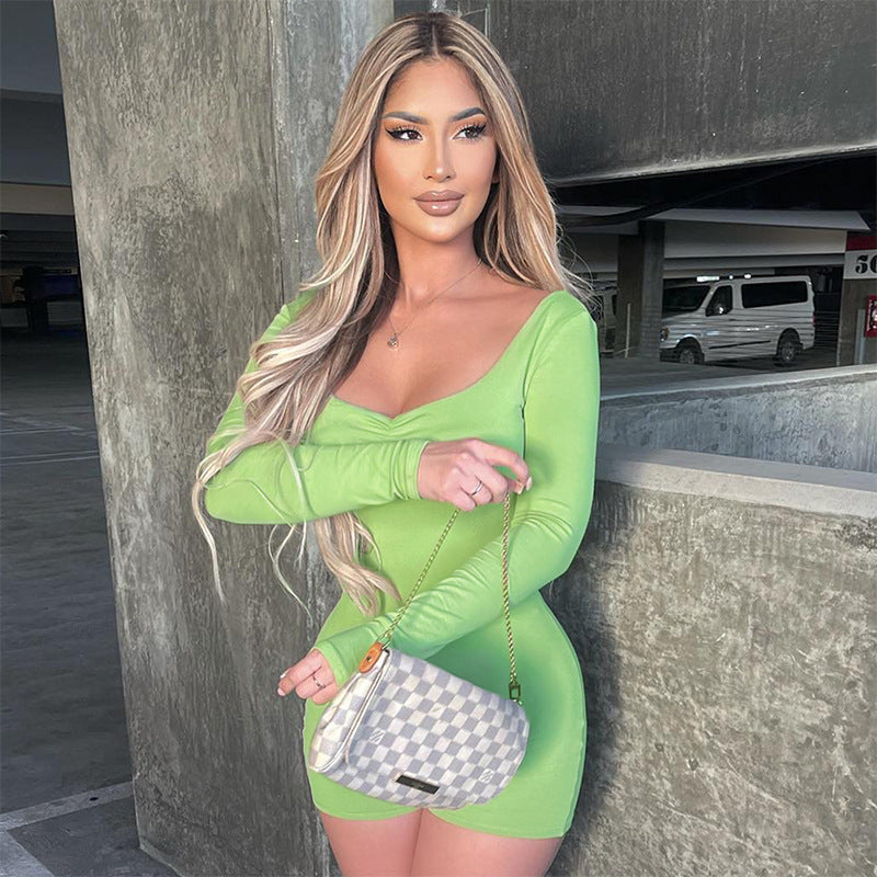 Women Clothing Autumn Winter Pleated Brushed Long Sleeve Slim Fit Sports Shorts Jumpsuit for Women