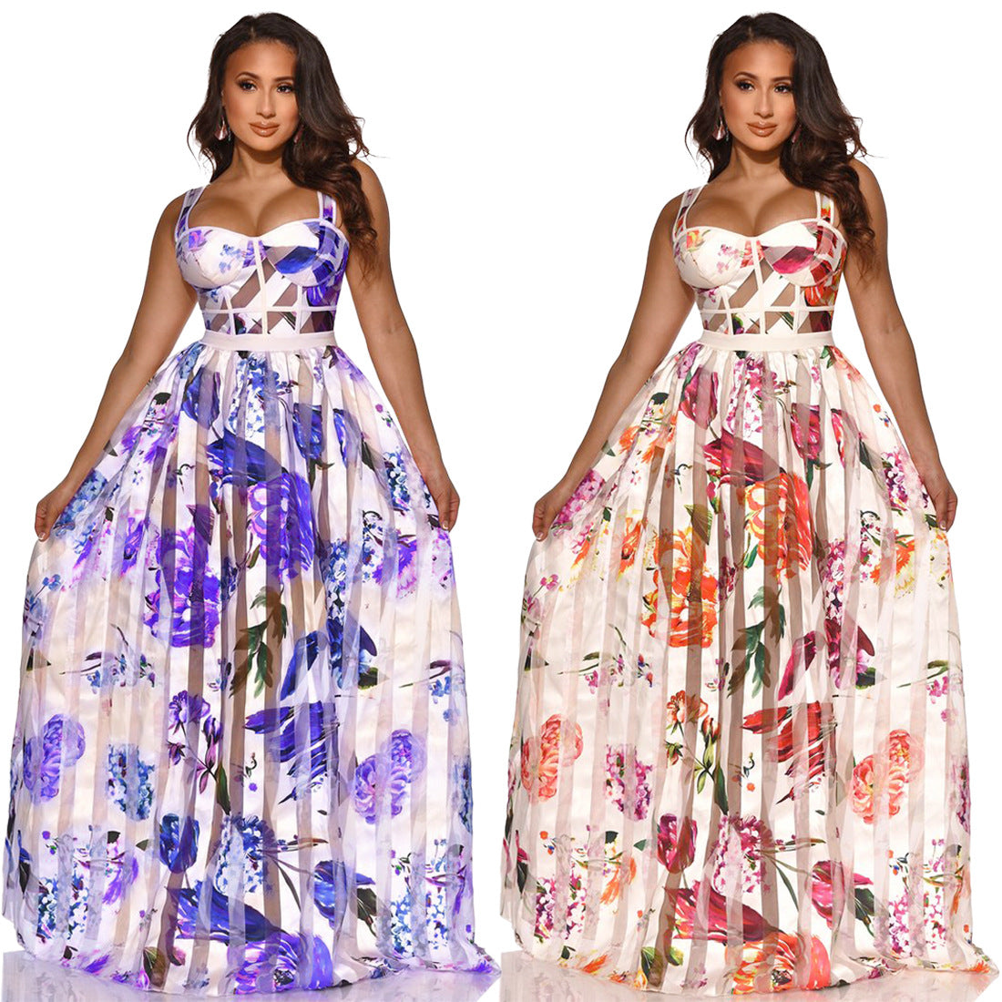 Summer Chest Wrap Spaghetti Strap Floral Print Nude See Through Wide Hem Maxi Dress