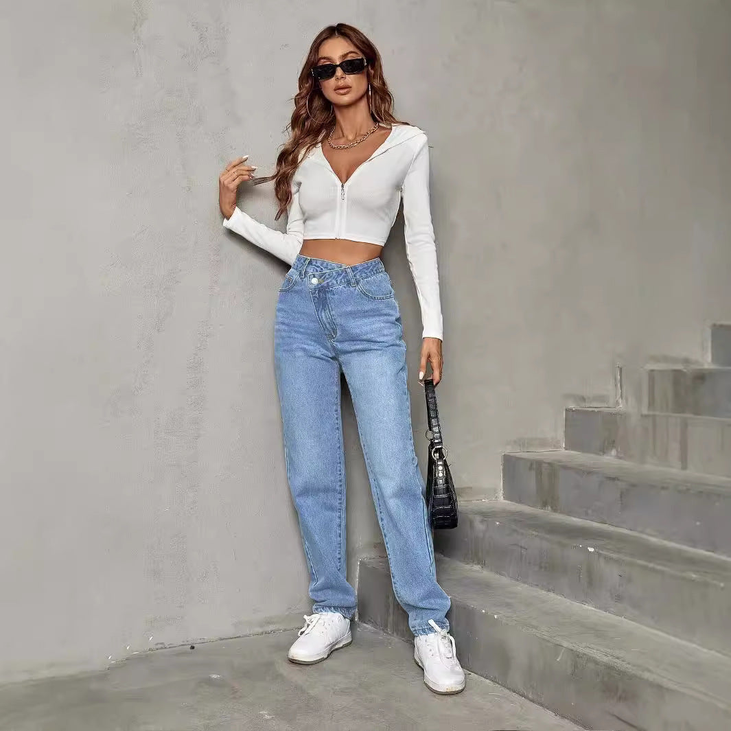 Women Pants Asymmetric High Waist Straight Casual Jeans