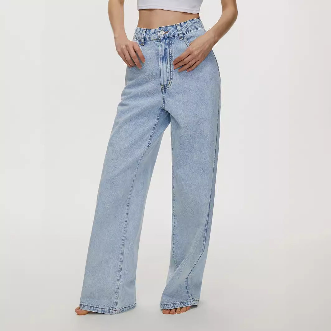 Women Clothing Straight Loose High Waist Denim Trousers