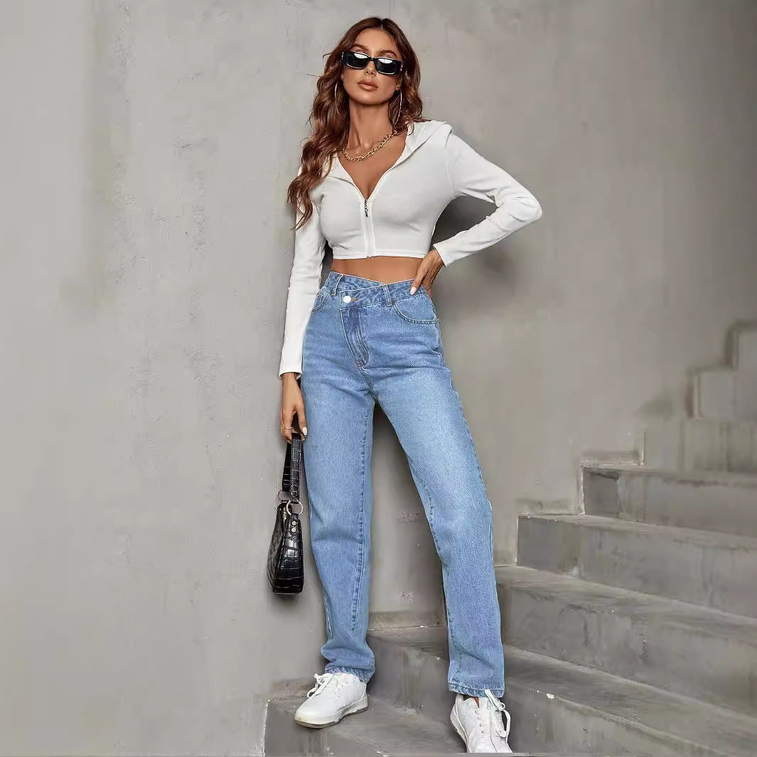 Women Pants Asymmetric High Waist Straight Casual Jeans