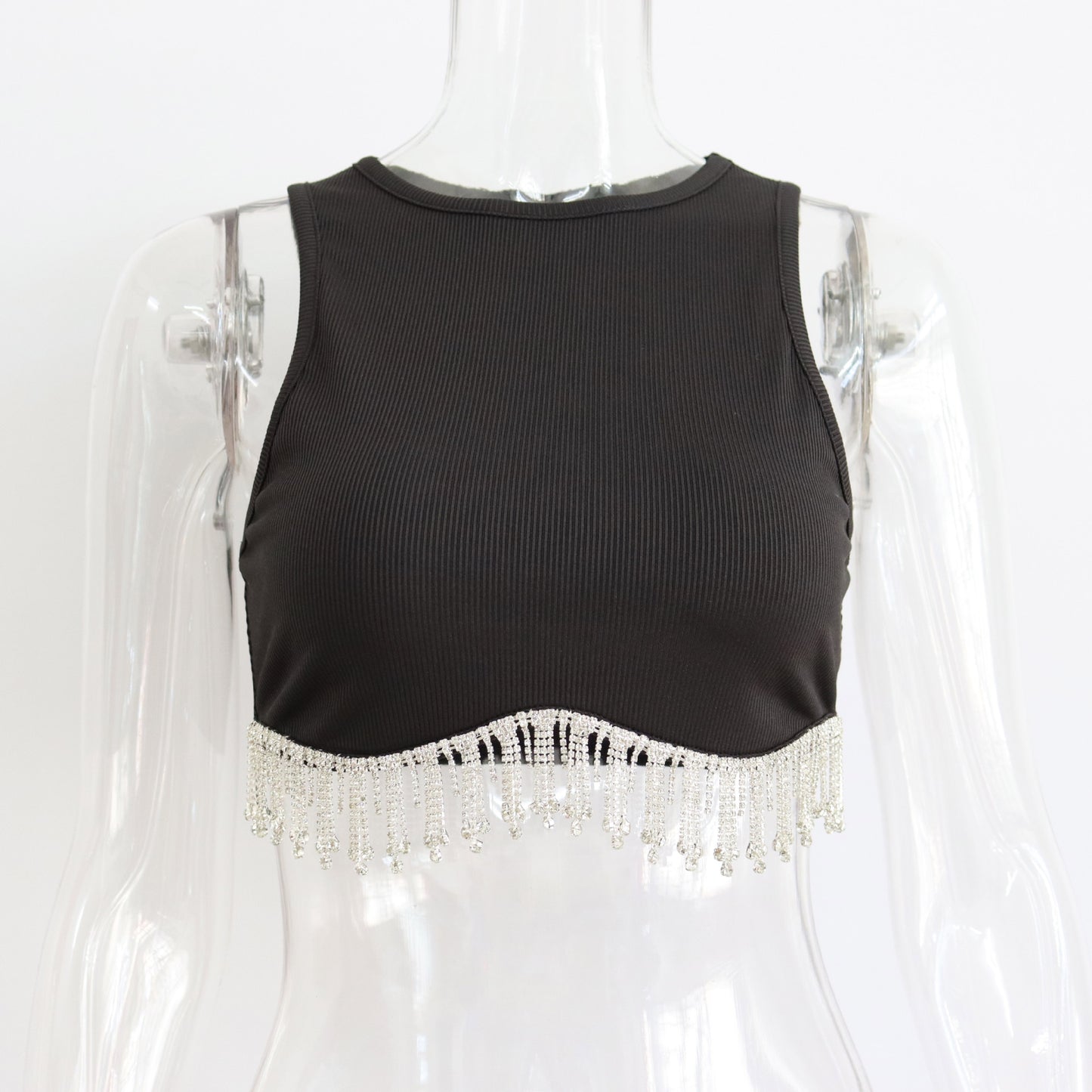 Spring Summer Rhinestone Tassel Sexy Vest round Neck Sunken Stripe Short Cropped Sleeveless Top for Women