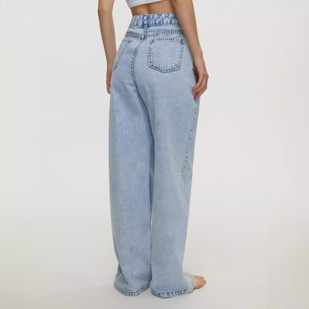 Women Clothing Straight Loose High Waist Denim Trousers