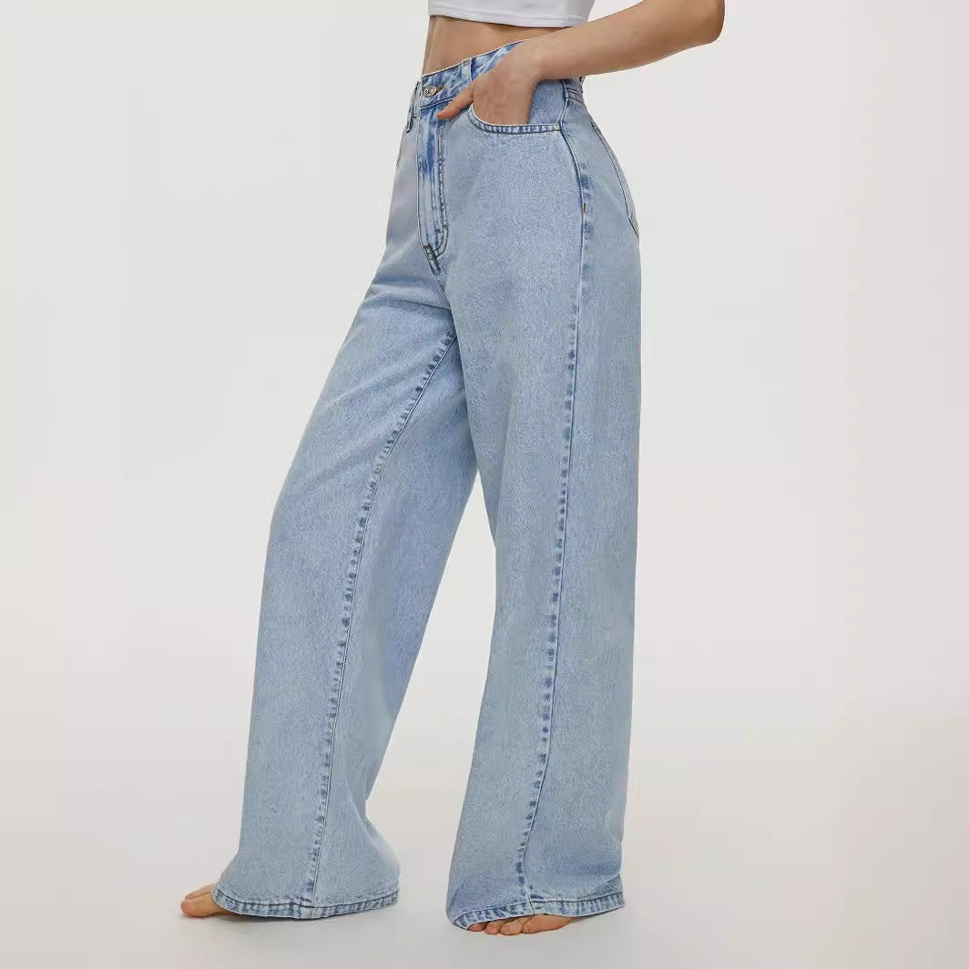 Women Clothing Straight Loose High Waist Denim Trousers