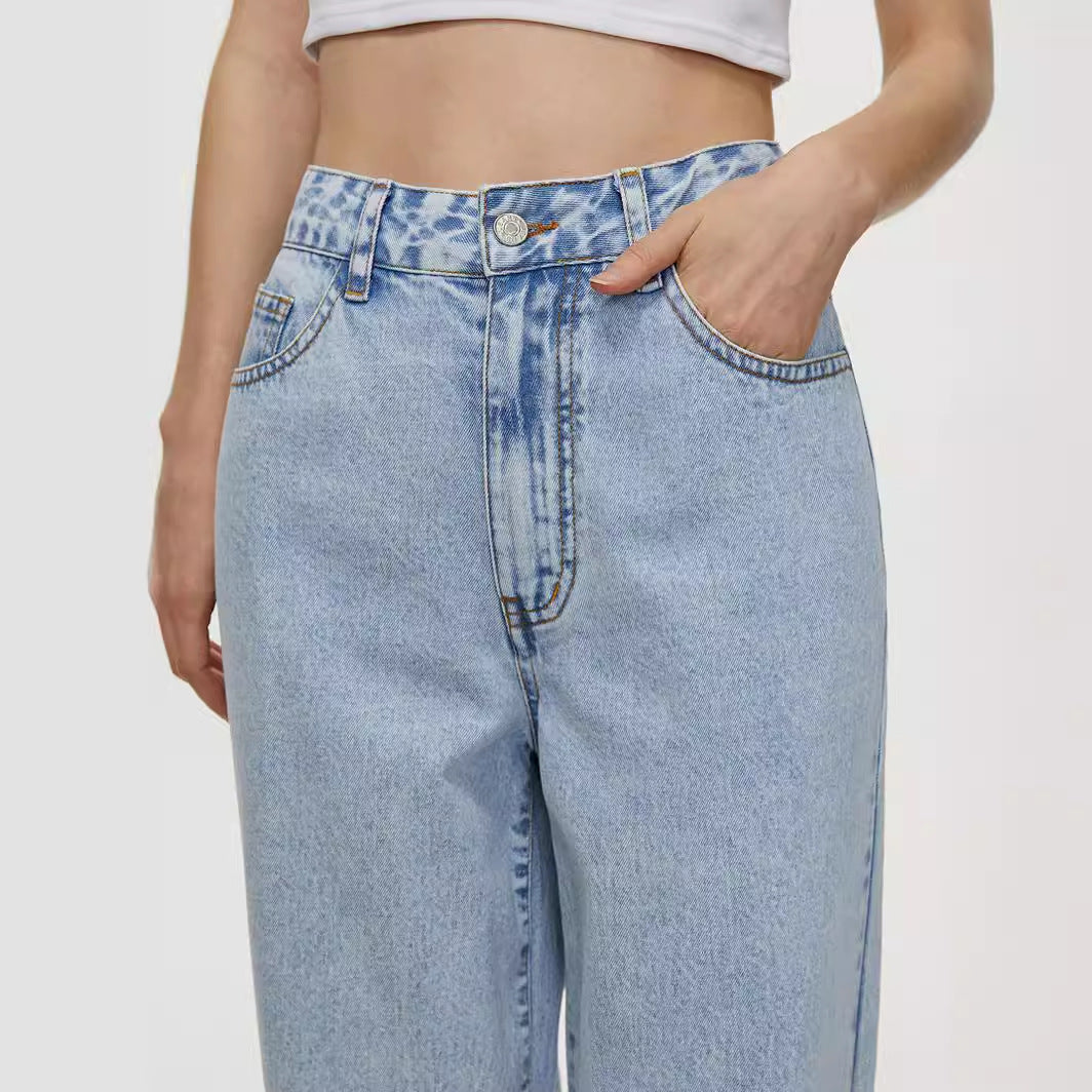 Women Clothing Straight Loose High Waist Denim Trousers