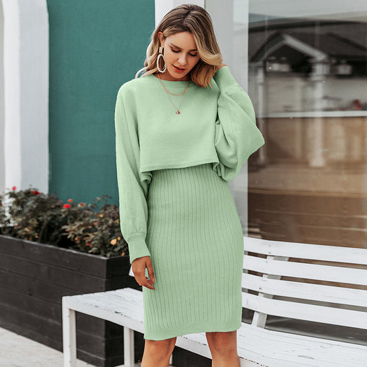 Knitted Dress Two Piece Set Autumn Winter Solid Color Pullover Sweater Women