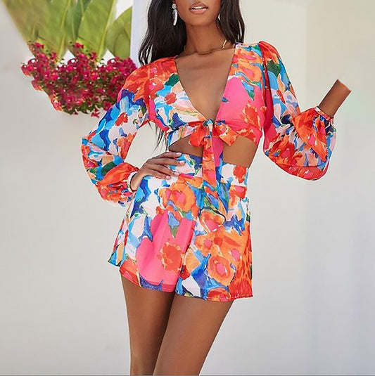 Autumn Printed V-neck Puff Sleeve Long Sleeve Lace-up Casual Set Women