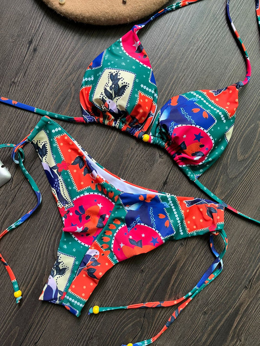 Knot Split Swimsuit Digital Printed Sexy Bikini Women Swimsuit