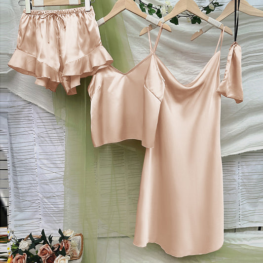 Artificial Silk Camisole Four Piece Home Wear Women Suspender Shorts Night Skirt Set Lightweight Comfortable Four Seasons Pajamas
